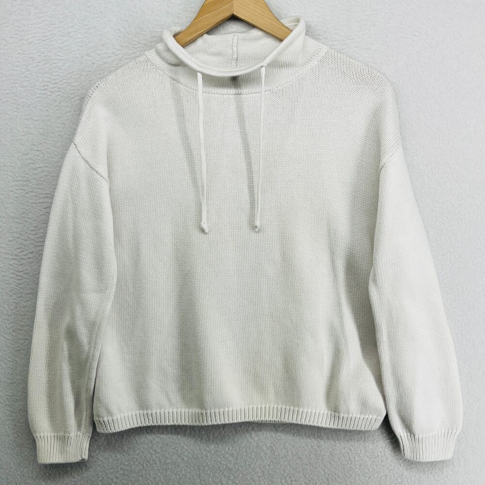 EILEEN FISHER Sweater XS Organic Cotton Funnel Neck Drawstring Pullover White